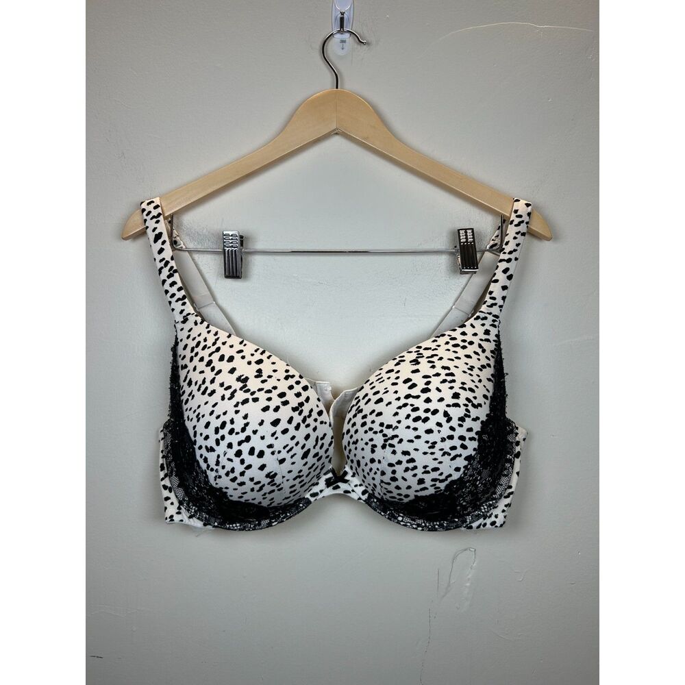 Cacique Women's Size 40D Ivory/Black Animal Print Plunge Bra Adjustable Straps